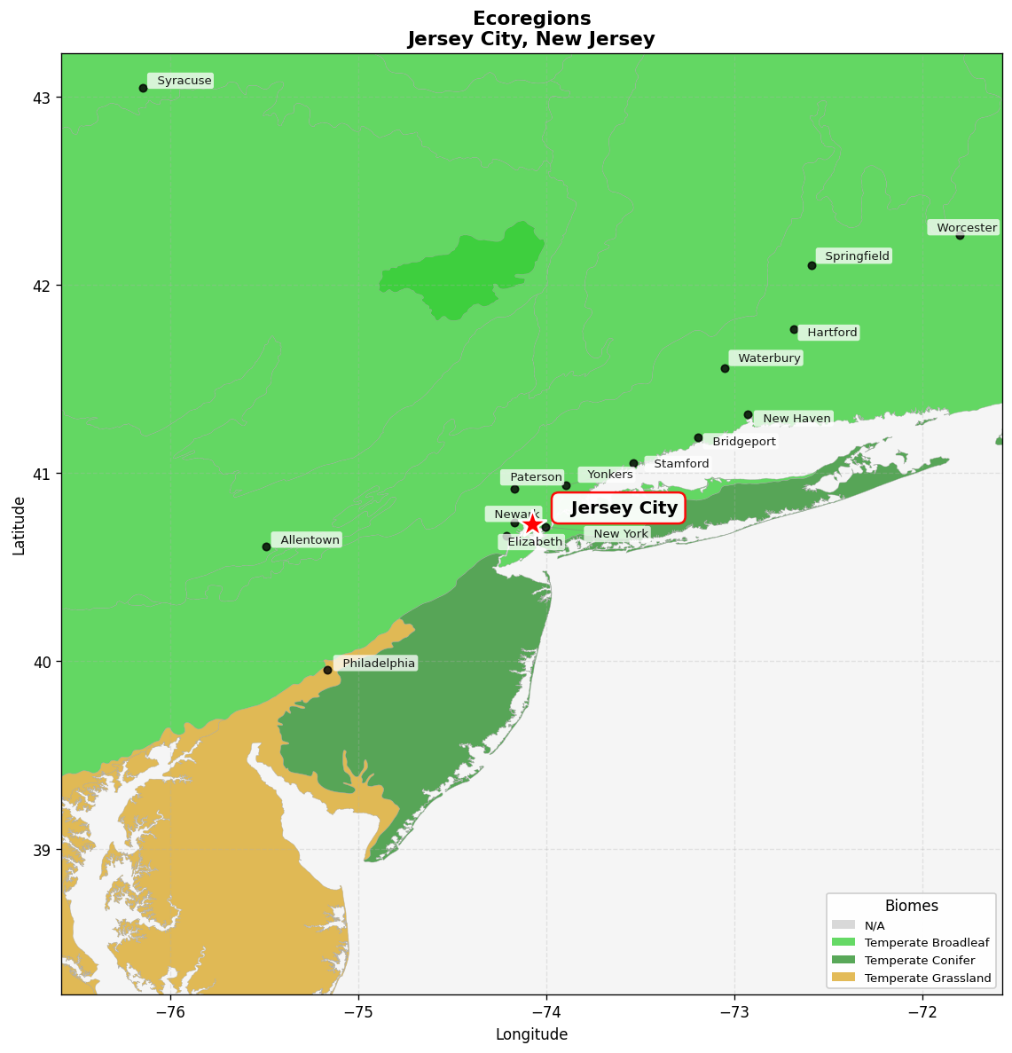 Northeast US Coastal forests Ecoregion Map for Jersey City, NJ